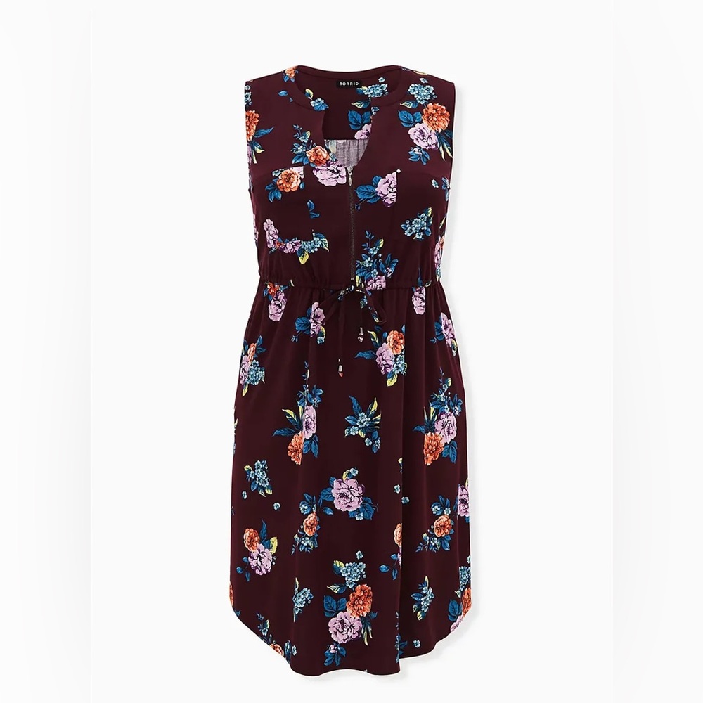 Burgundy Purple Floral Challis Zip Front Drawstring Shirt Dress